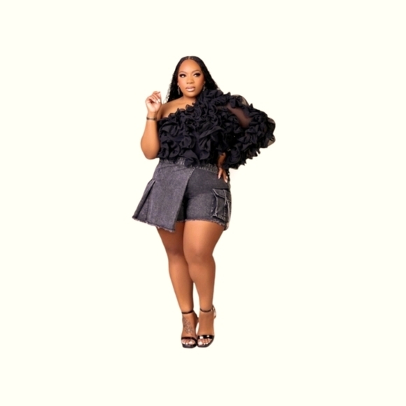 FashionNthingZ Tops - Midnight Bloom One-Shoulder Ruffle Crop Top Plus Size Black